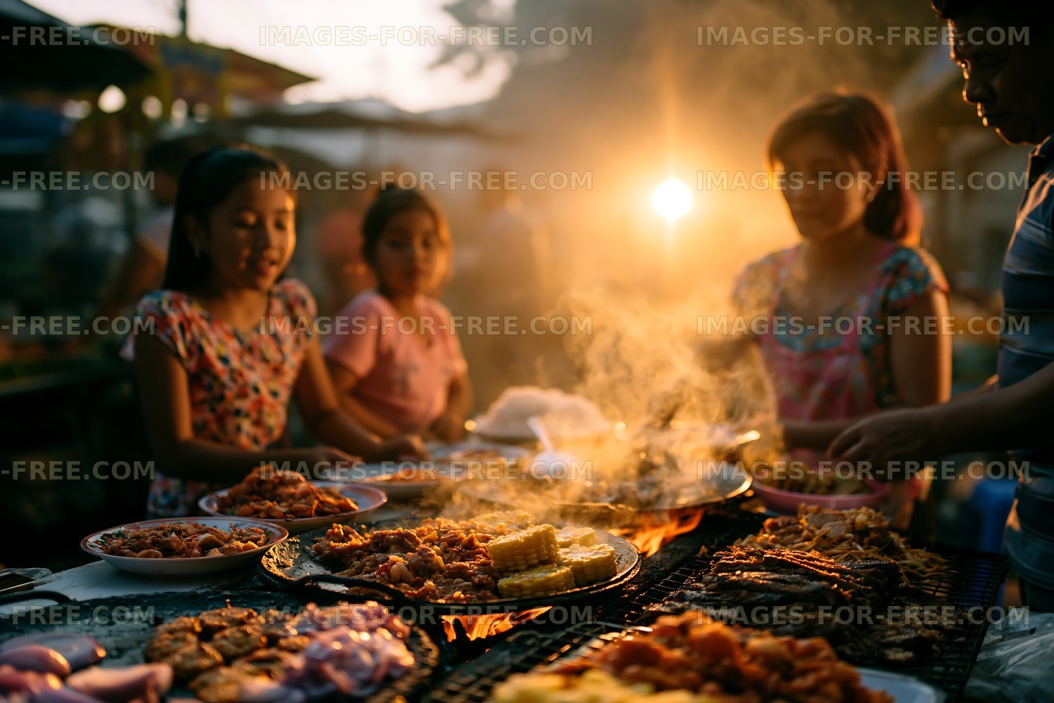 Food vendors serve grilled dishes at evening market