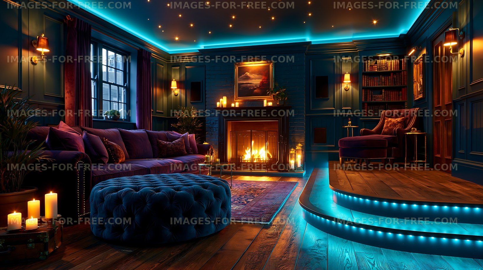 Cozy living room with blue lighting and a fireplace