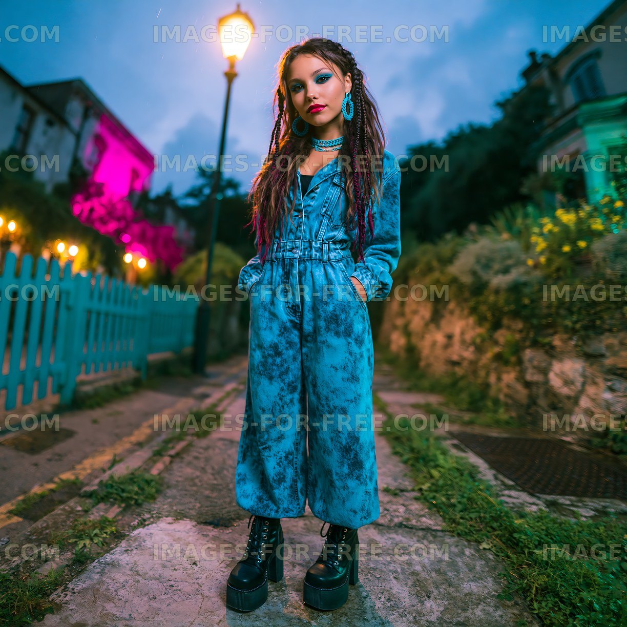 Young person stands on a street at night under a streetlamp