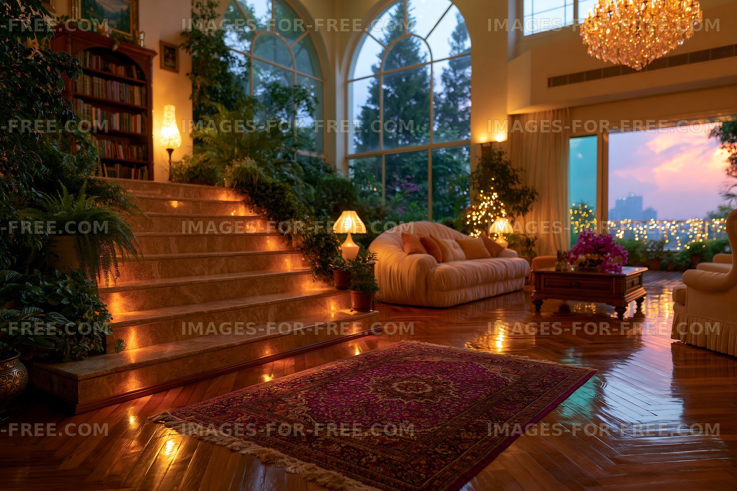 Cozy living room with warm lighting and a staircase