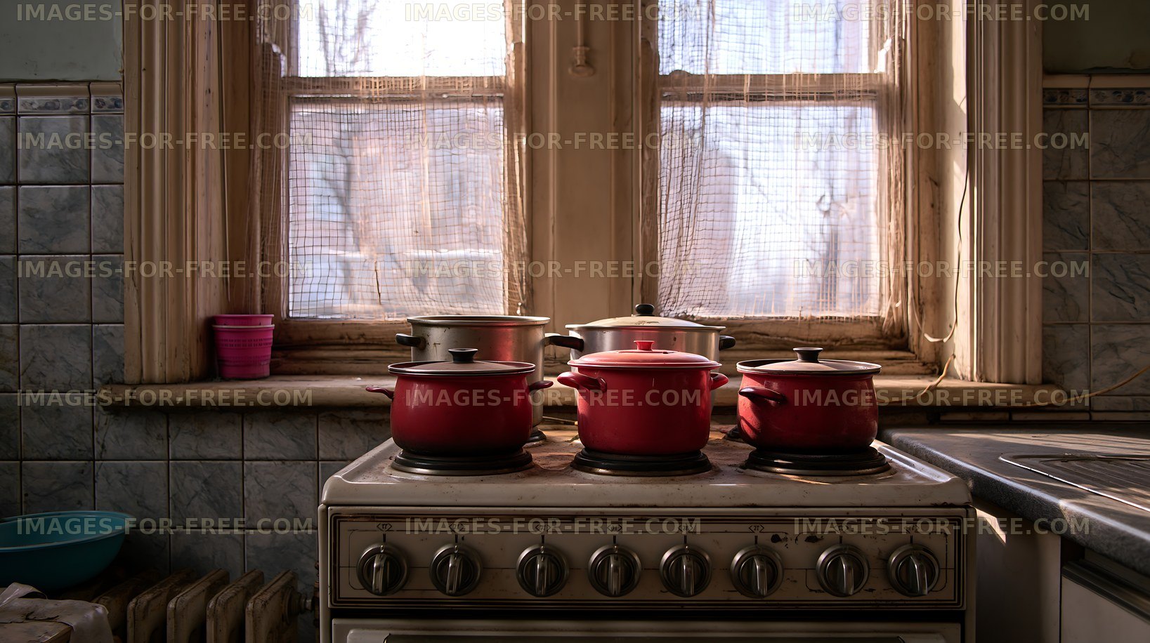 Pots on a stove in an old kitchen by the window