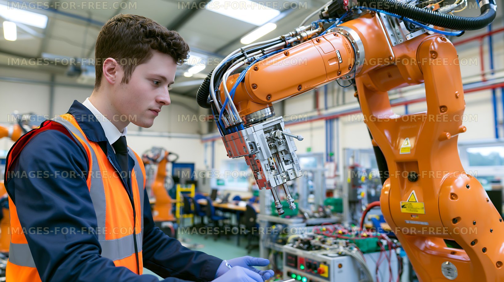 Engineer working with industrial robot in a manufacturing facility