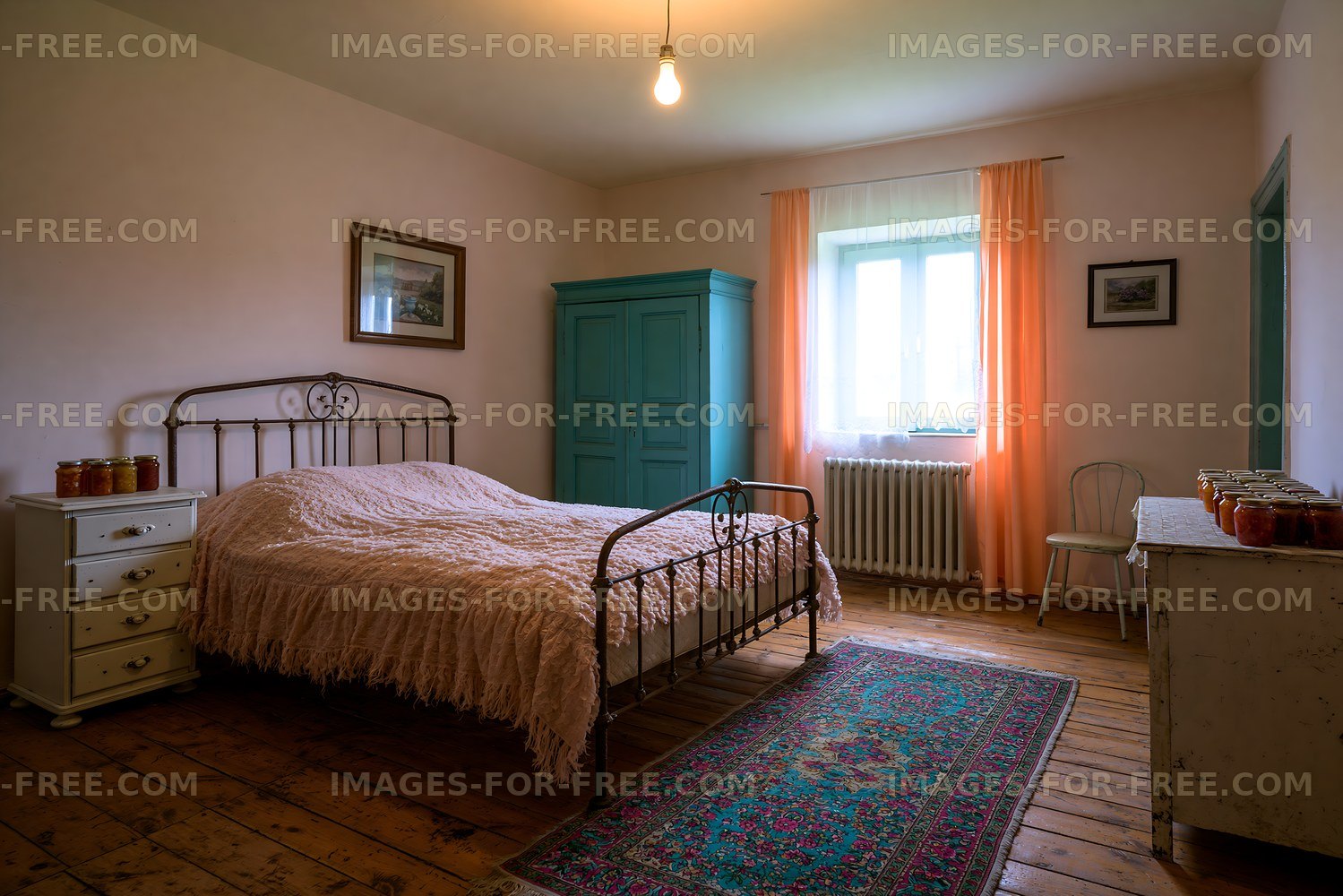 Cozy bedroom with vintage furniture and warm lighting