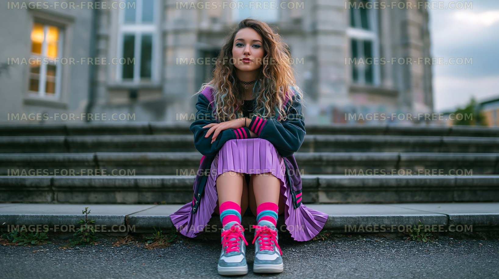 Woman sitting on steps with a city building in the background