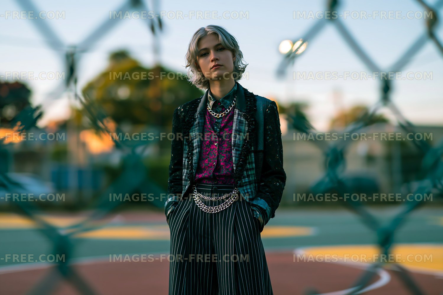 Model poses on a basketball court in evening light
