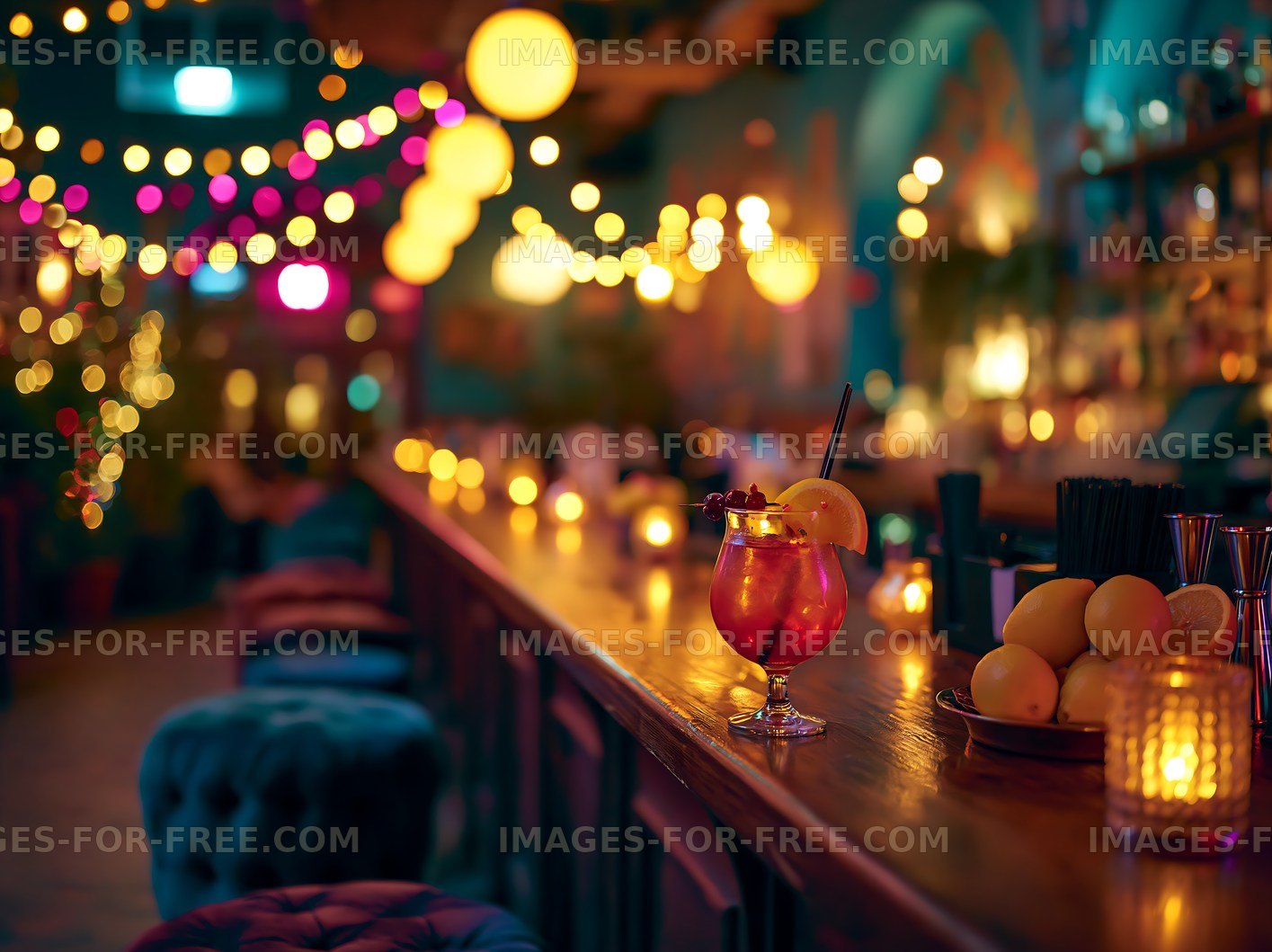 Cocktail on bar at night in vibrant atmosphere