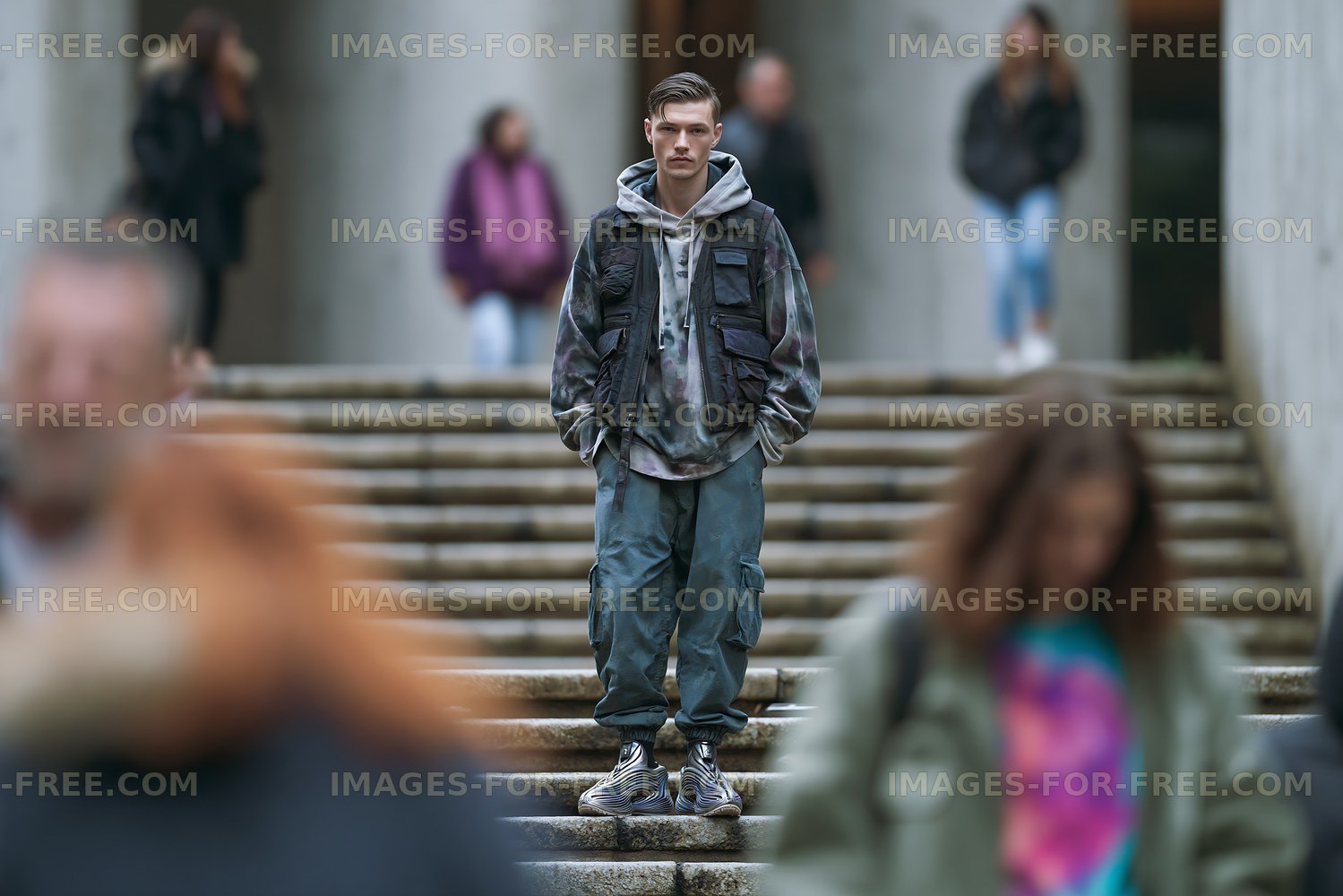 Young man standing on steps in urban area with busy background