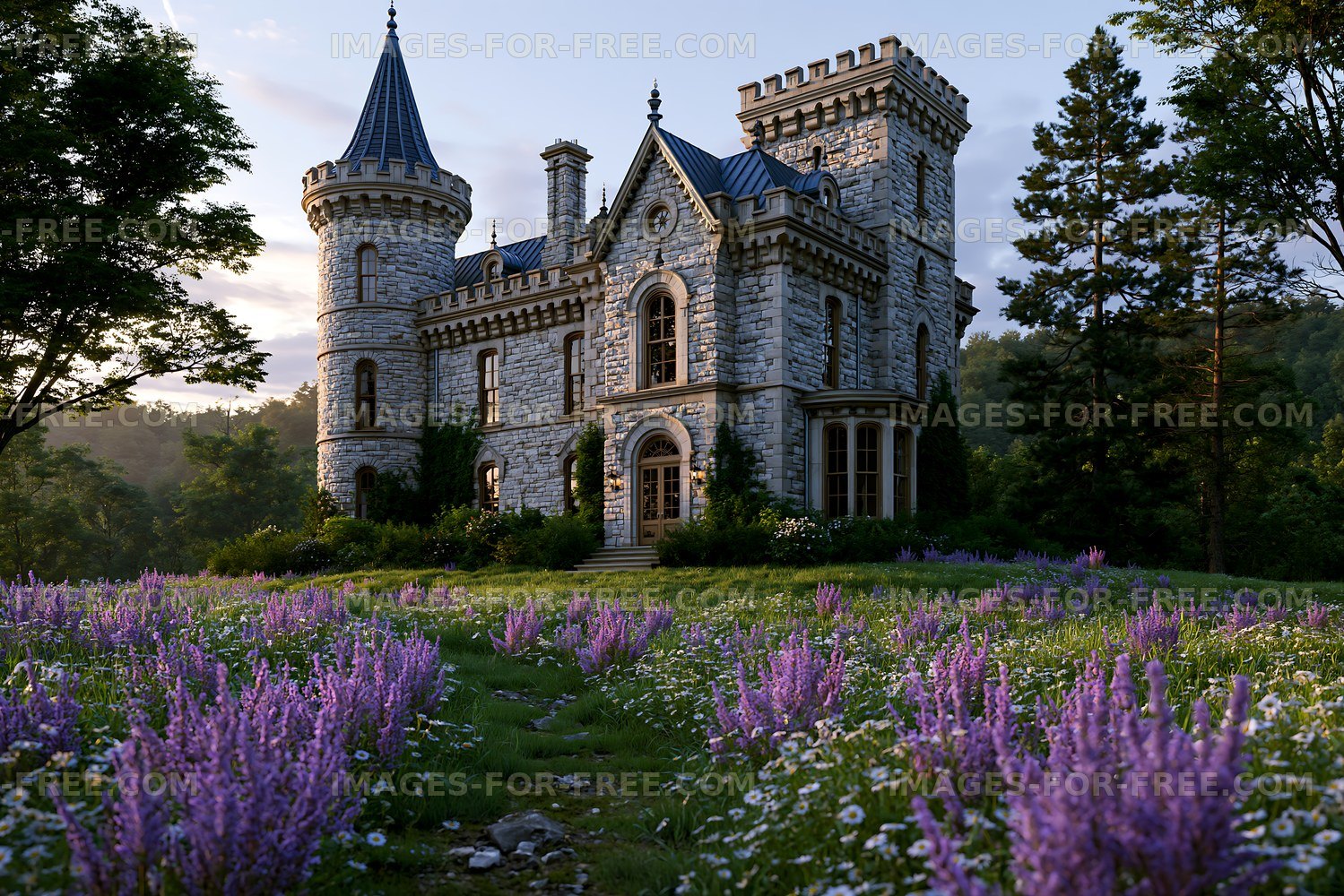 Beautiful stone castle surrounded by lavender flowers at sunset