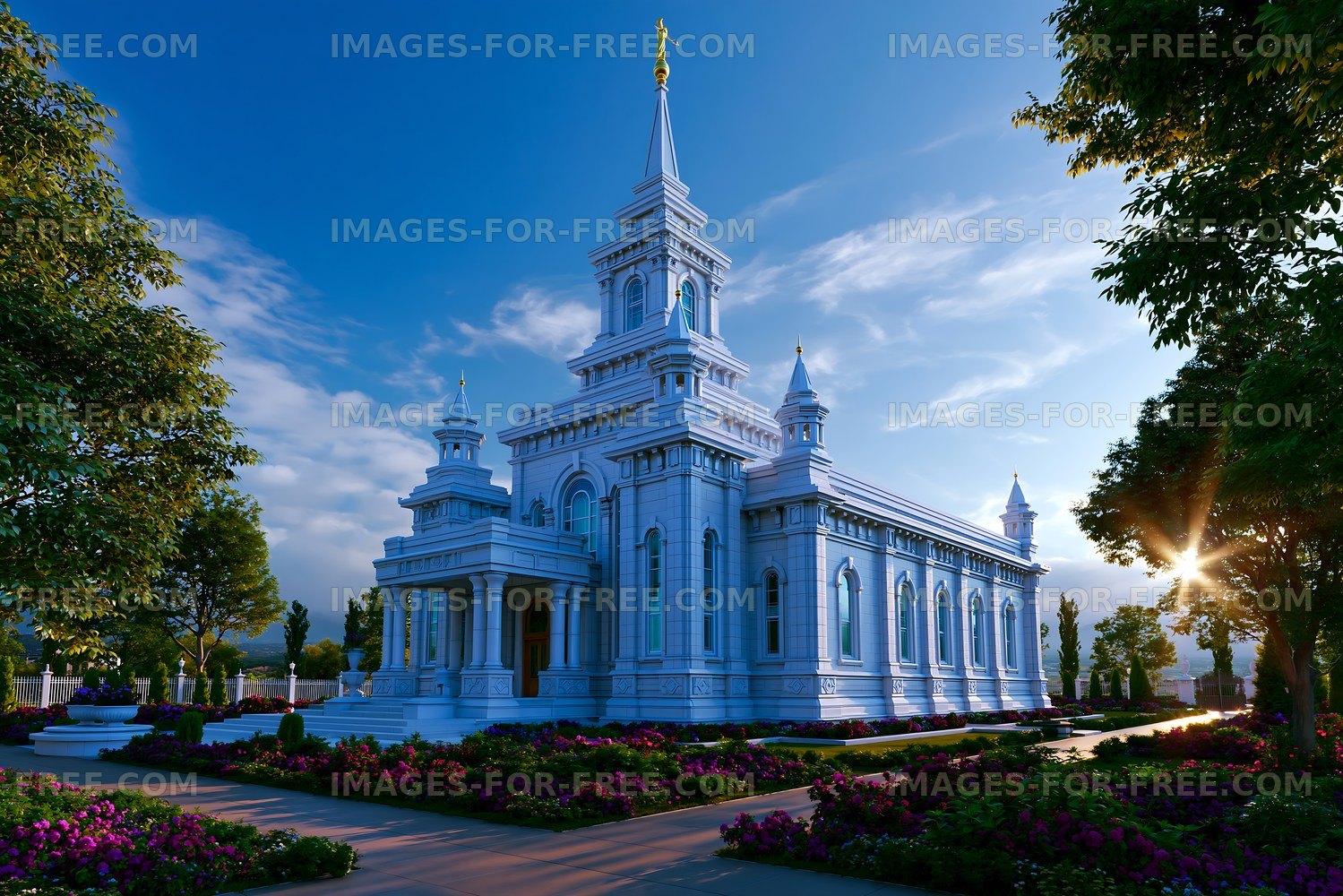 Tall white church building under a clear blue sky in a garden