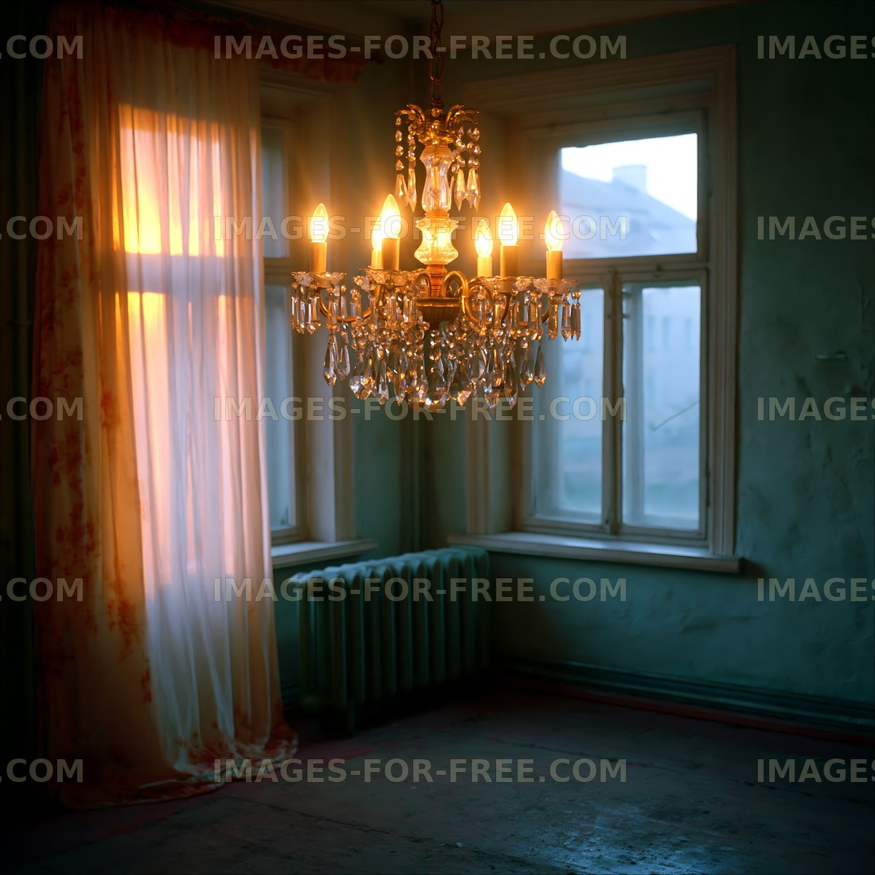 Chandelier in an empty room with natural light from the window