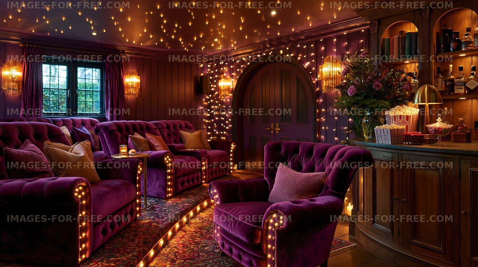 Cozy home theater with purple seating and warm lighting
