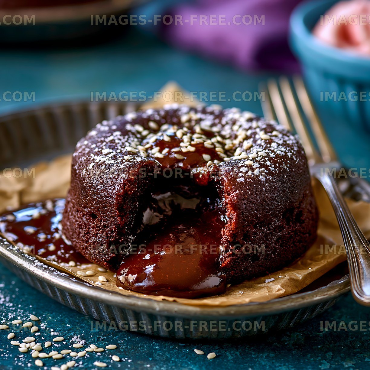 Chocolate lava cake with melted filling on a plate