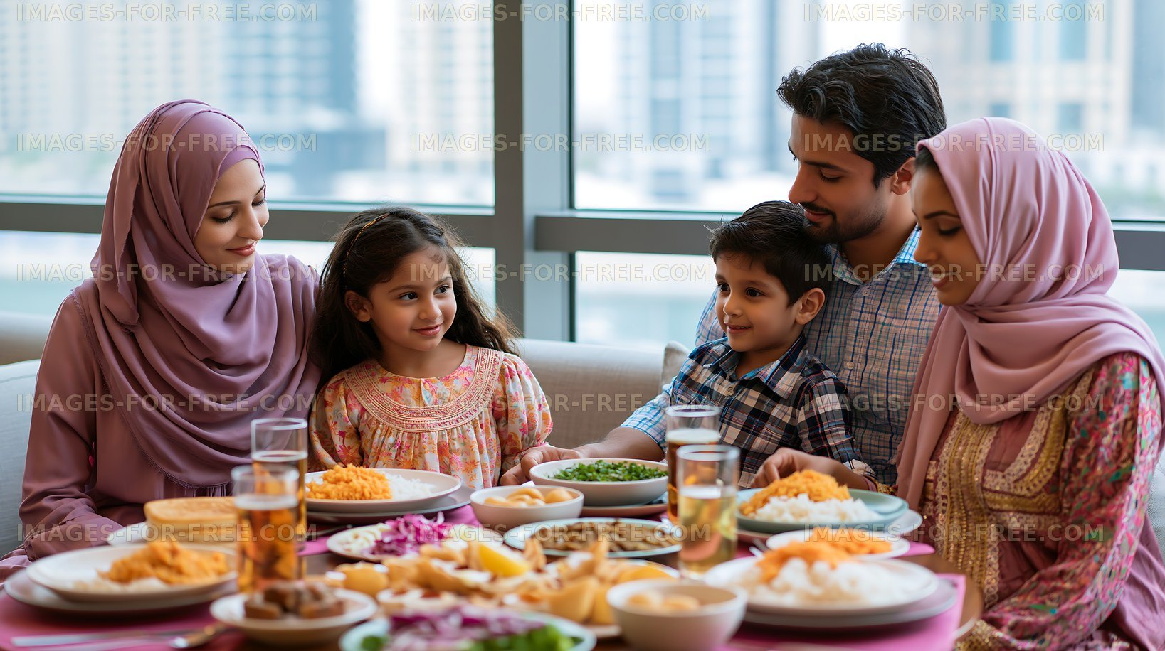 Family enjoying a meal together in a modern dining space