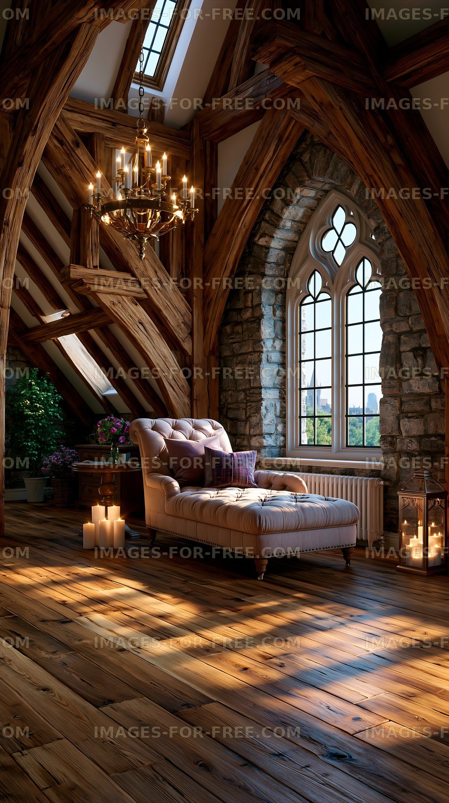 Cozy seating area with wooden beams and large window
