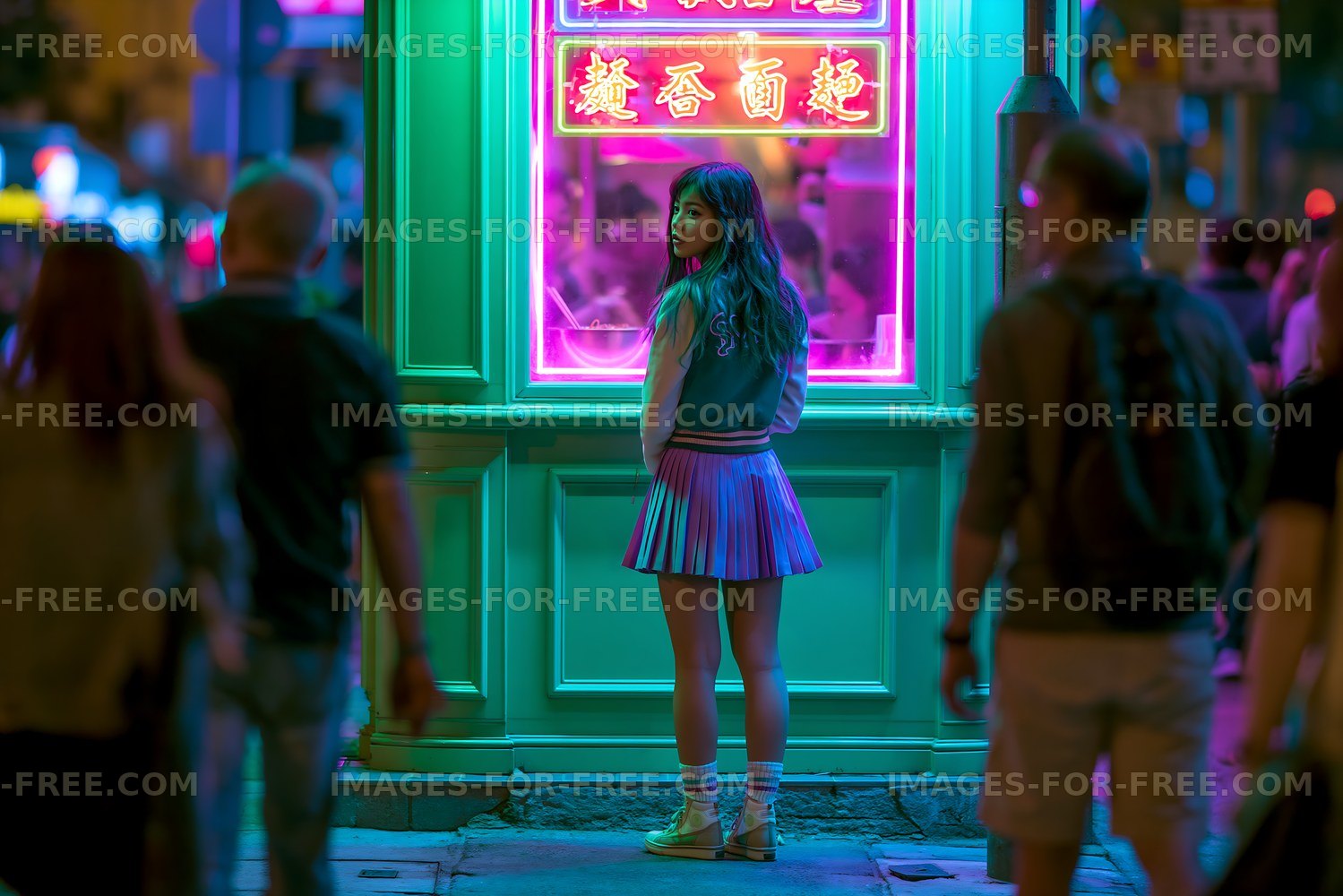 Woman in a skirt stands in front of neon-lit storefront at night