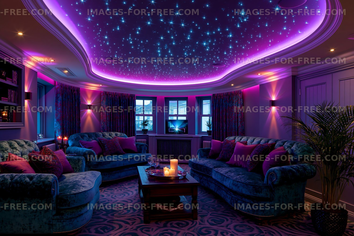 Cozy living room with starry ceiling and purple lighting