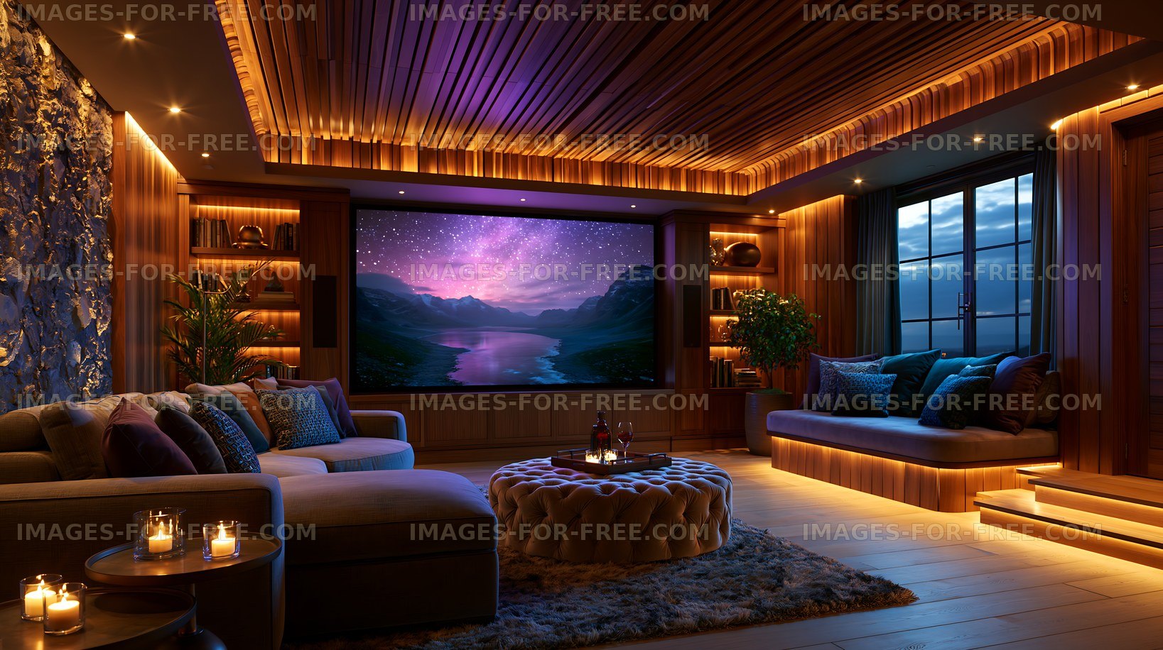 Cozy living room with large screen and warm lighting in evening