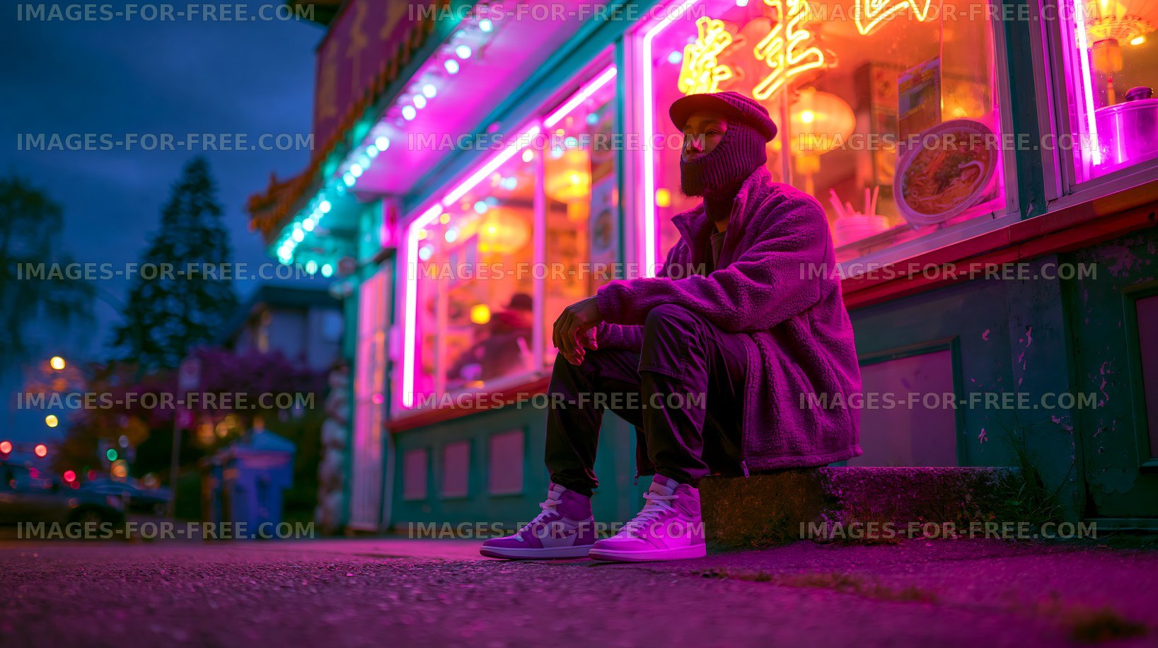 Person sitting outside a neon-lit restaurant at night