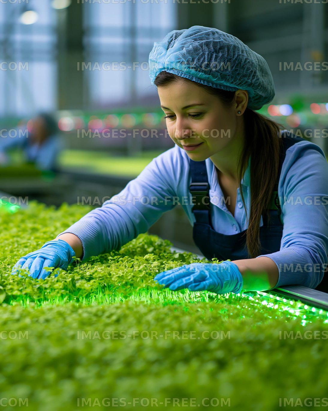 Worker tending to fresh greens in a greenhouse farm
