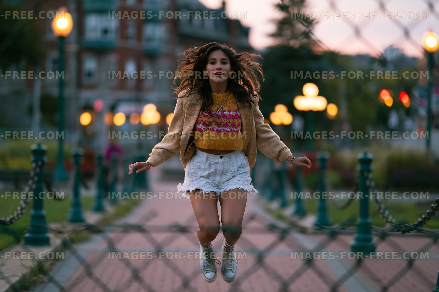 Young woman jumps in a park at sunset with city lights in background