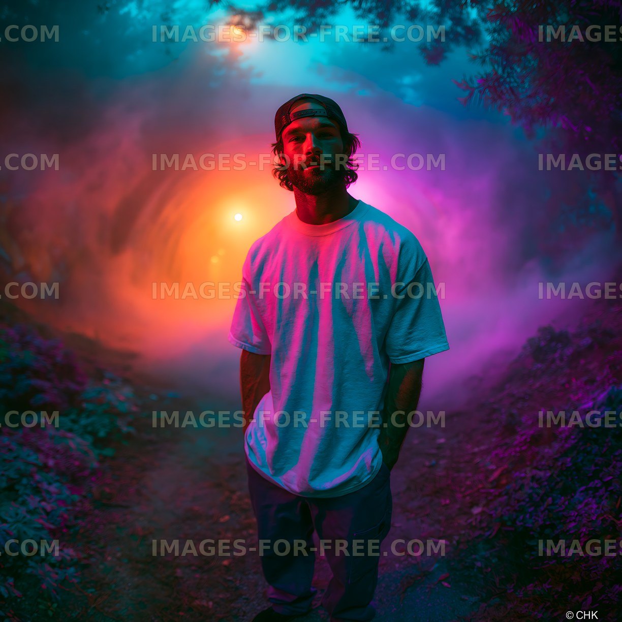 Man standing in a colorful, fog-filled forest at dusk