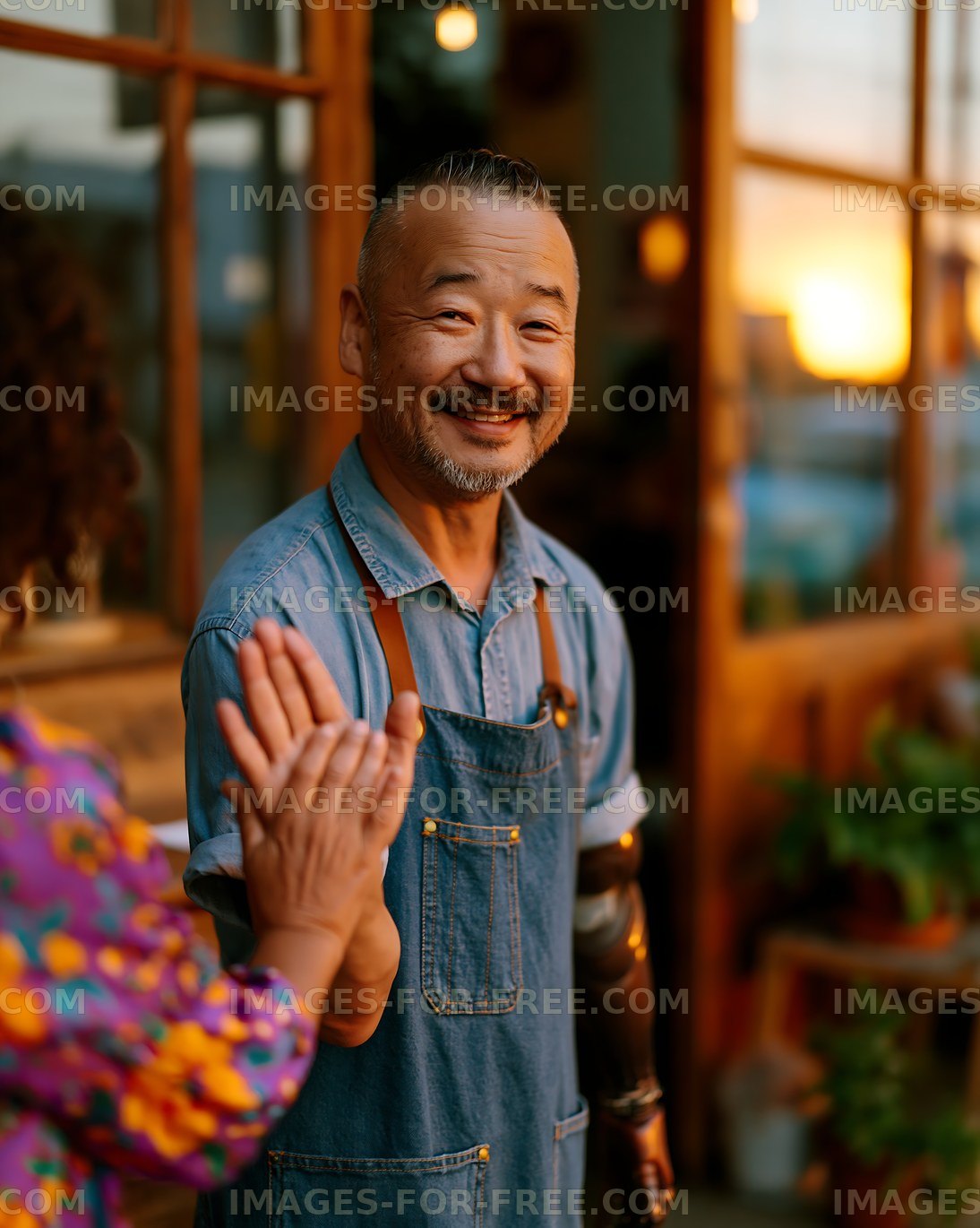 Man with a prosthetic arm greets a woman at sunset