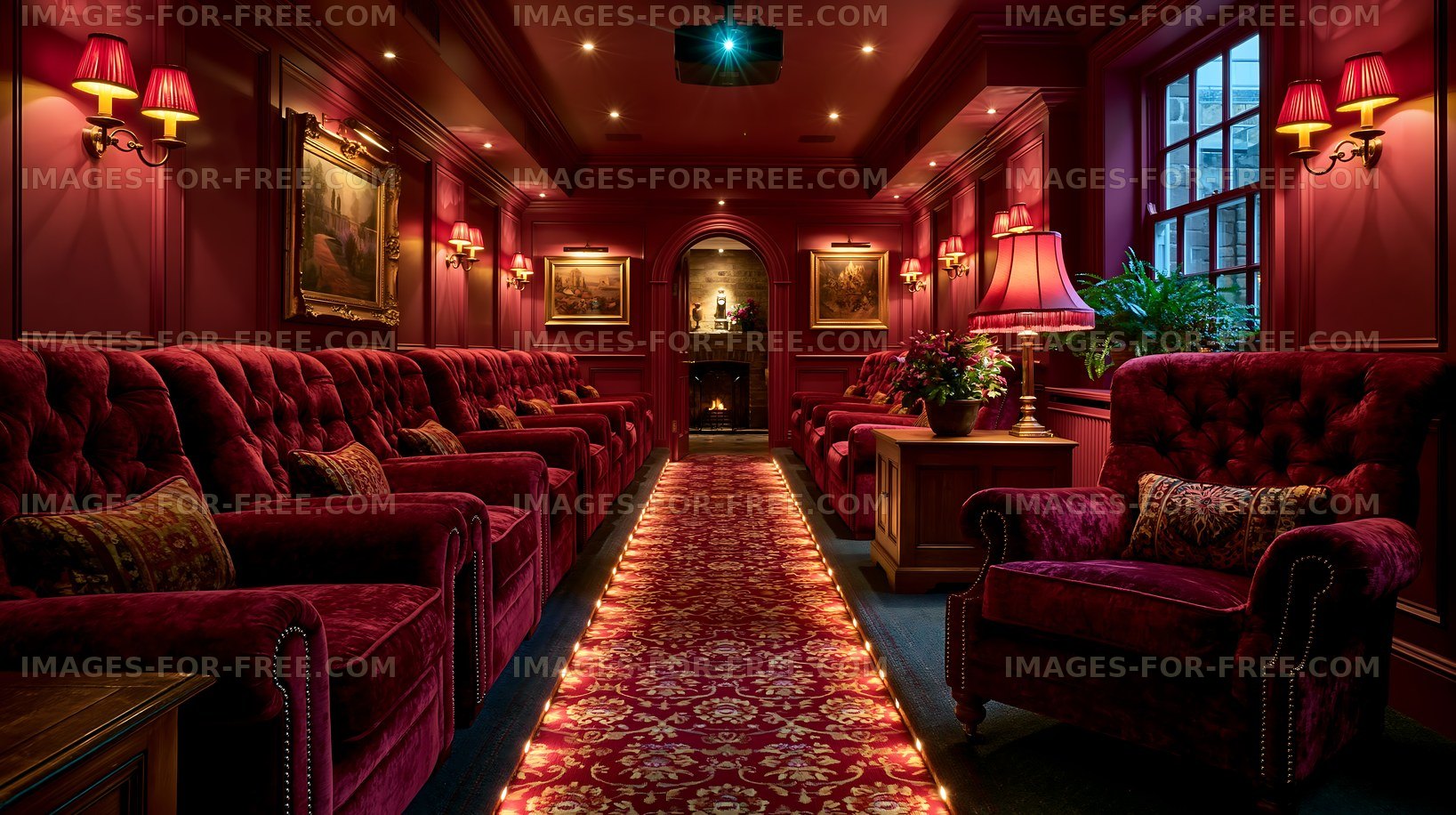 Cozy seating area with red decor and warm lighting