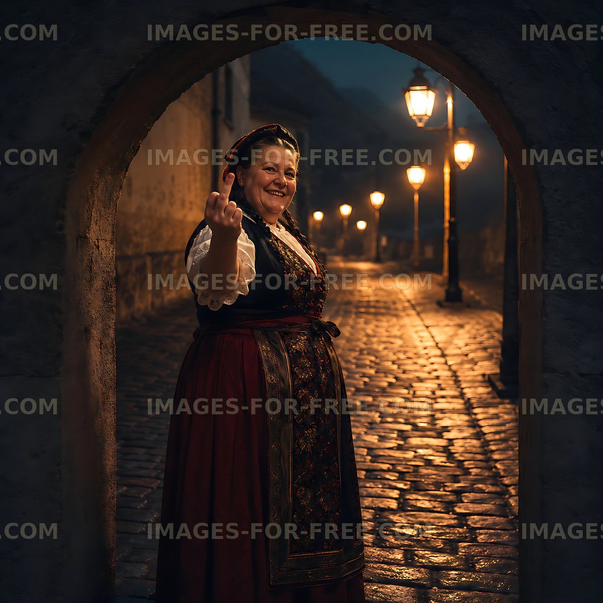 Woman in traditional dress poses in a historic alley at night