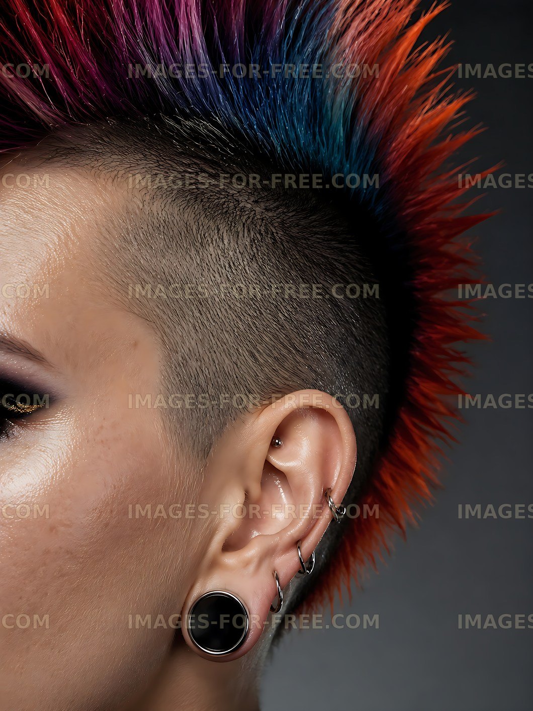 Colorful mohawk hairstyle close-up with piercings