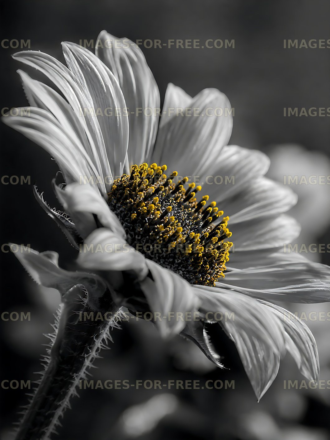 Yellow center of a sunflower in black and white
