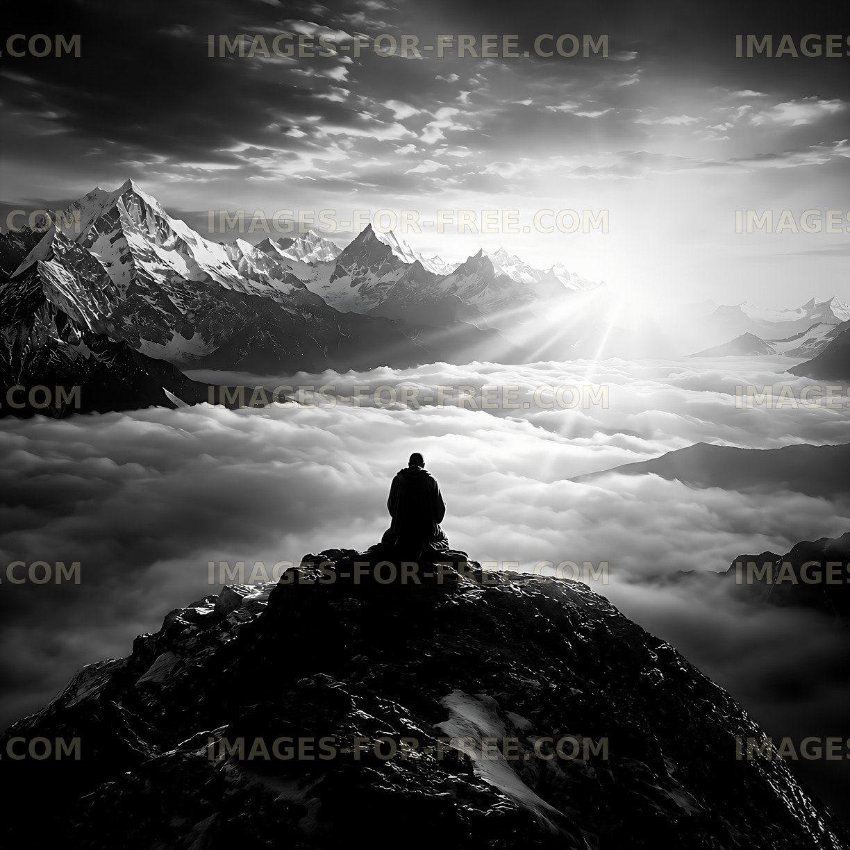 Man sitting on rock overlooking clouds and mountain range