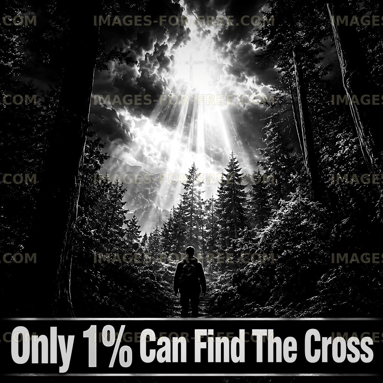 Person walking in forest with sunlight and cross in background