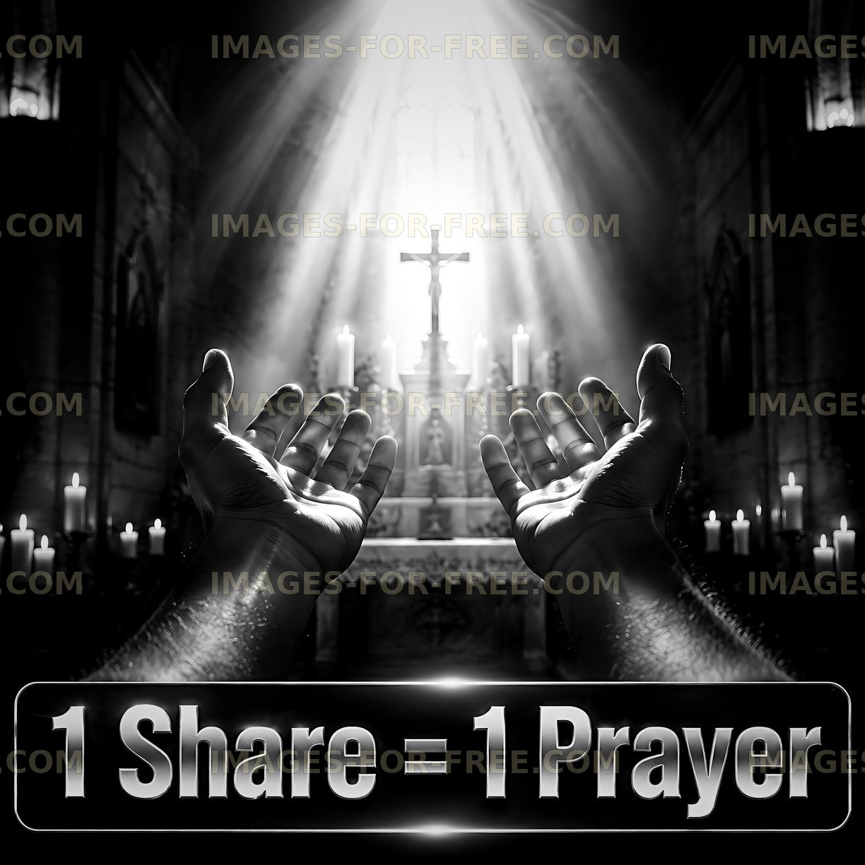 Hands raised in prayer inside a church setting