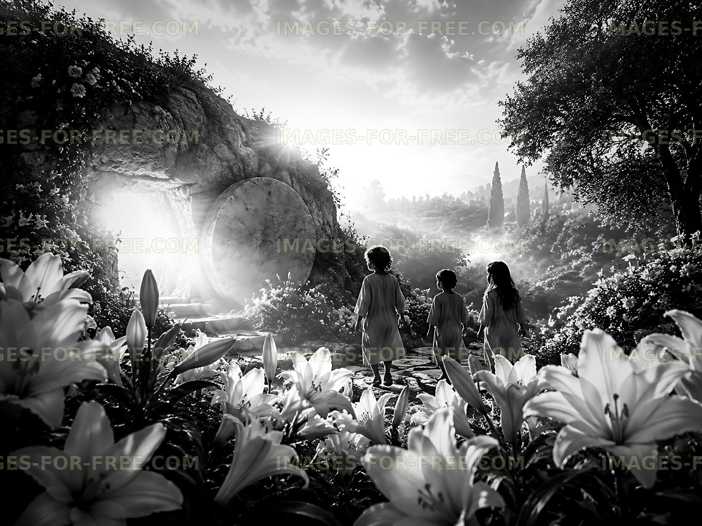 Children walking toward a bright entrance in a garden setting