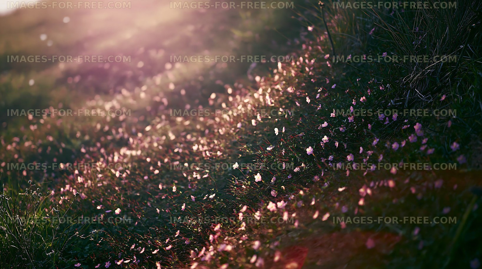 Sunlight shining on flower petals in a grassy field