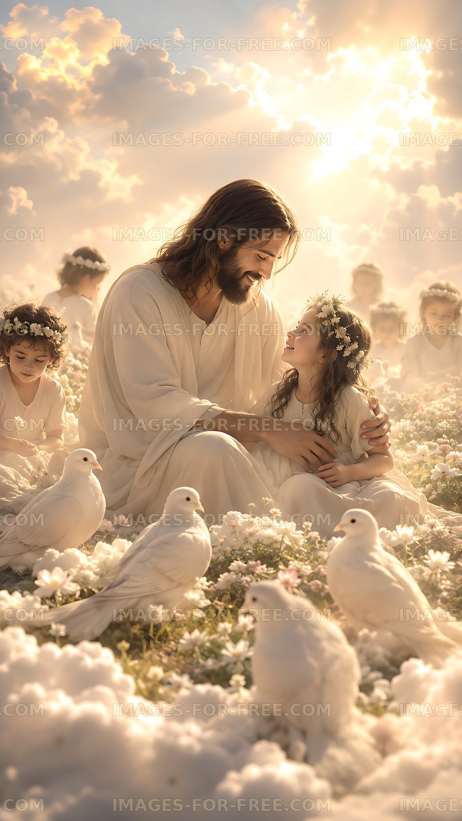 Jesus with children and doves in a field of flowers