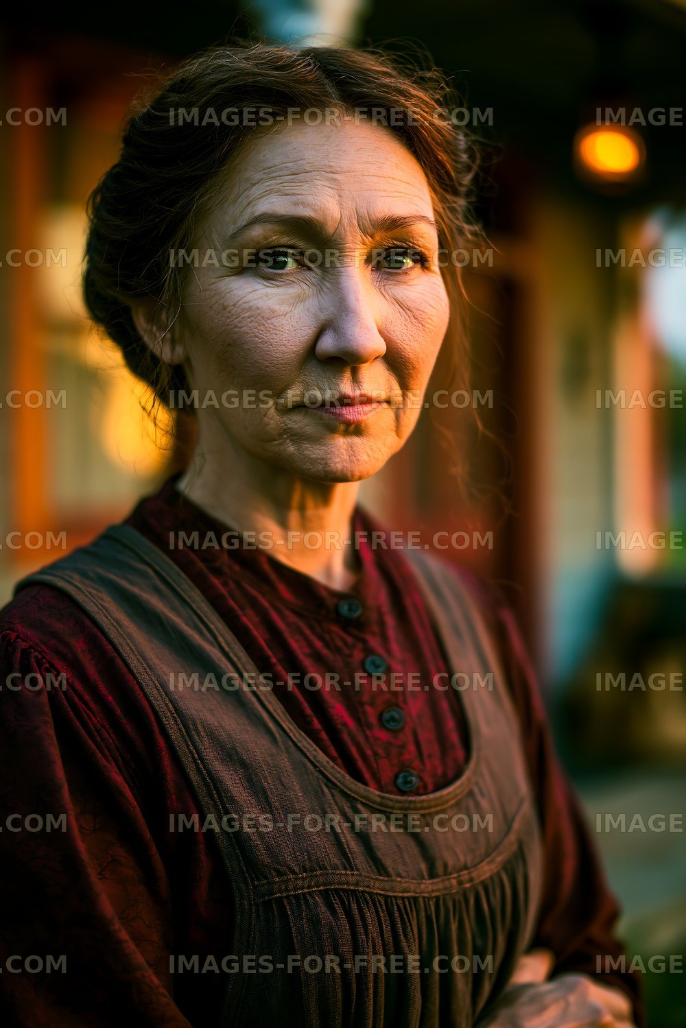 Woman standing outside a rustic building during sunset