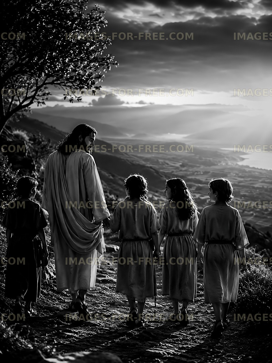 Jesus walking with children in a scenic landscape