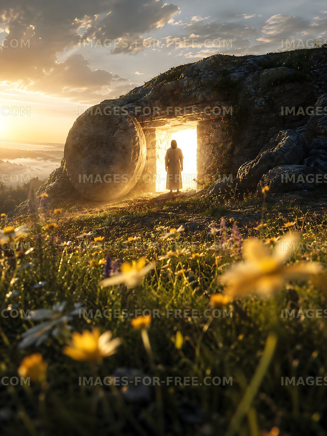 Person standing at the entrance of a cave during sunset