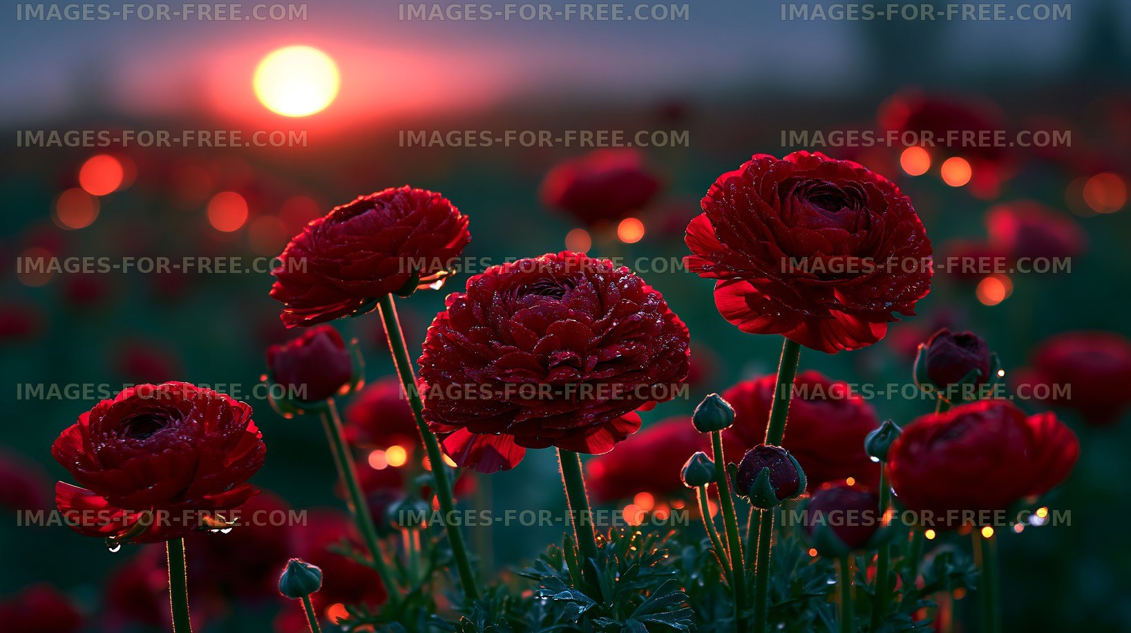 Roses blooming in a field at sunset with dewdrops