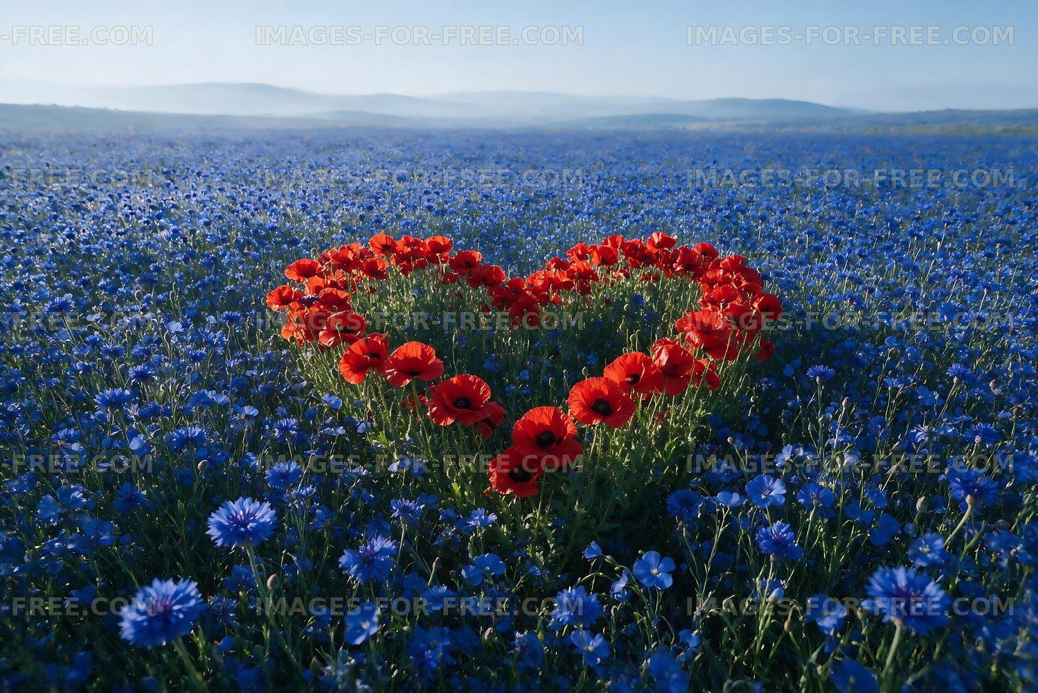 Heart shape made of red poppies in blue flower field