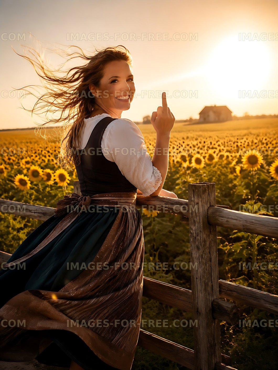 Woman gestures playfully in a sunflower field at sunset
