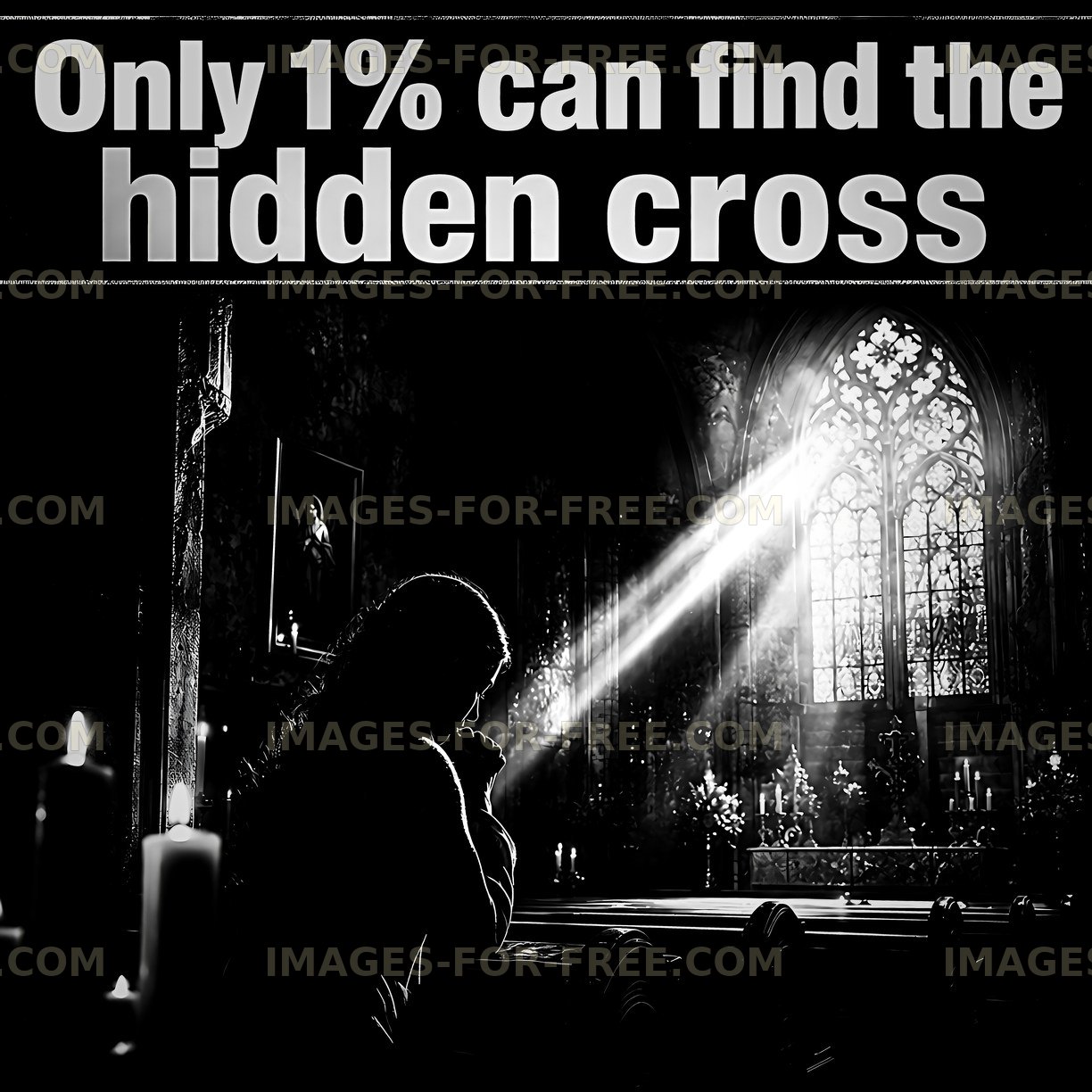 Hidden cross in dimly lit church scene