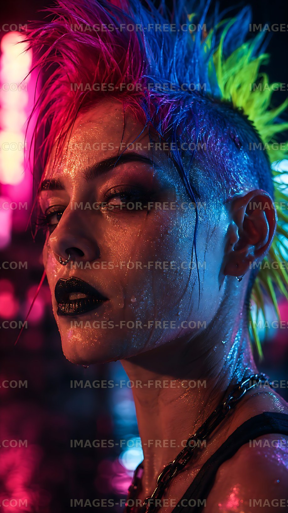 Punk model with colorful mohawk in neon lights