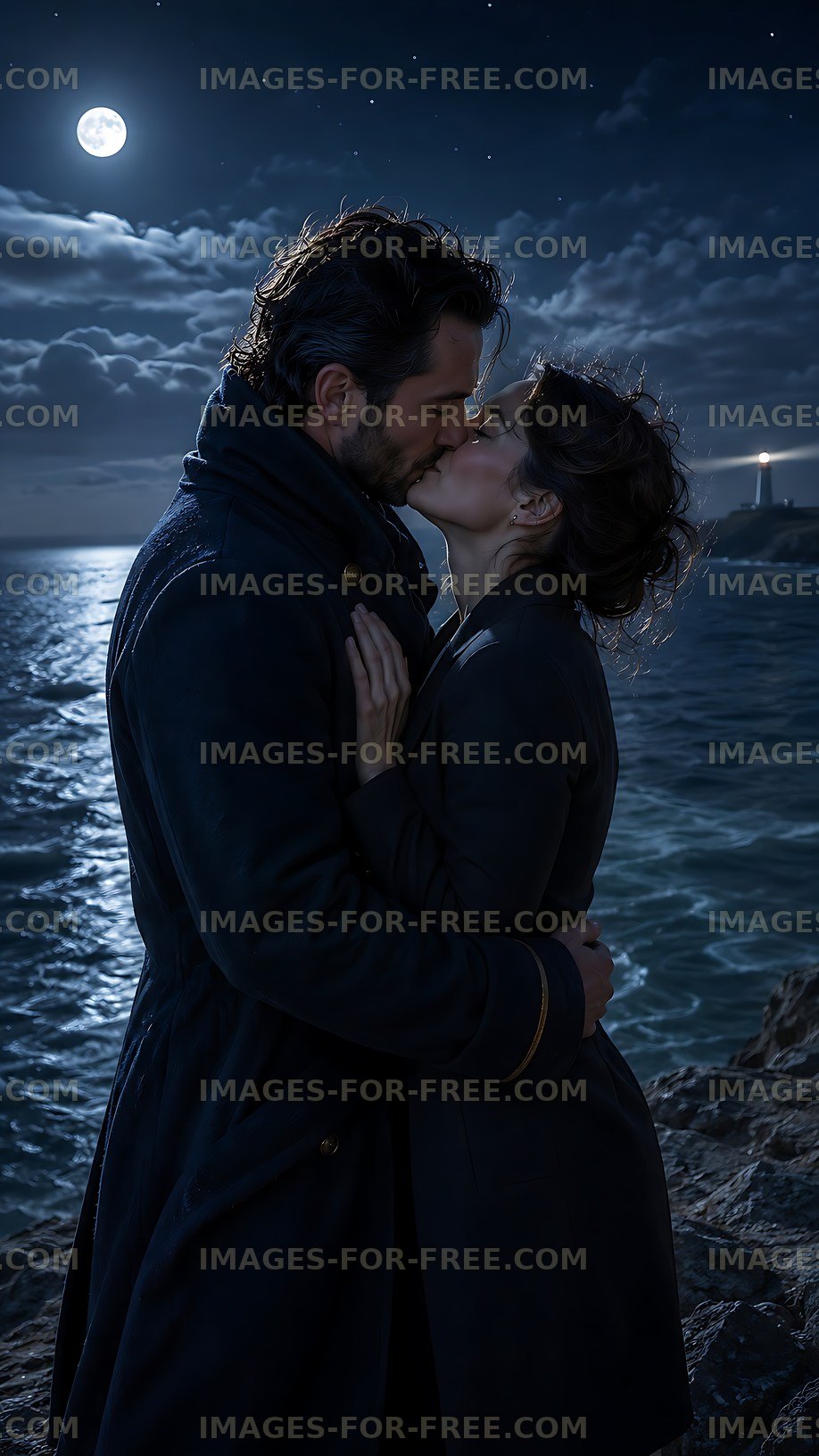 Couple kissing near the ocean under the moonlight