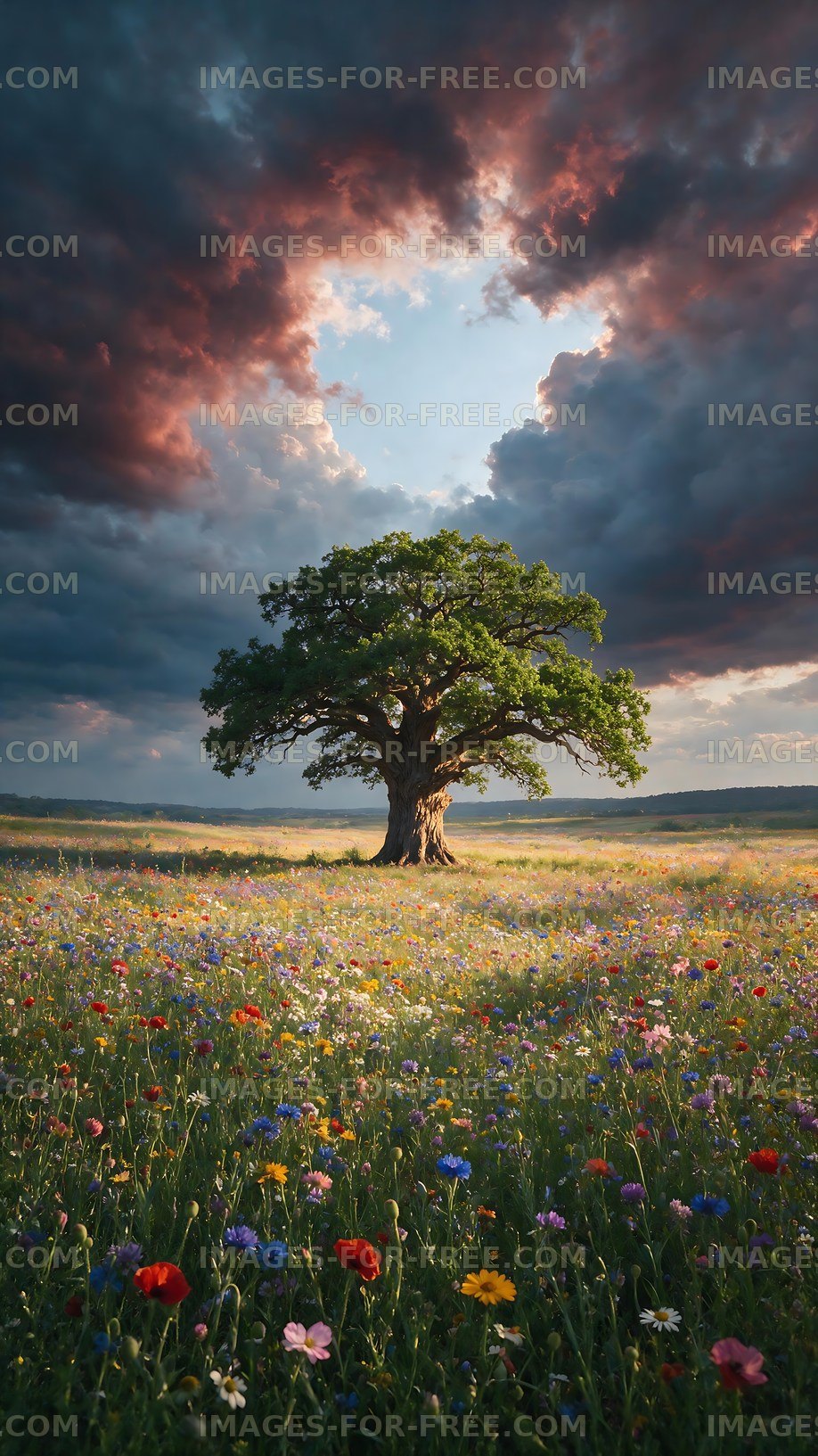 Lonely tree in a colorful field under a dramatic sky