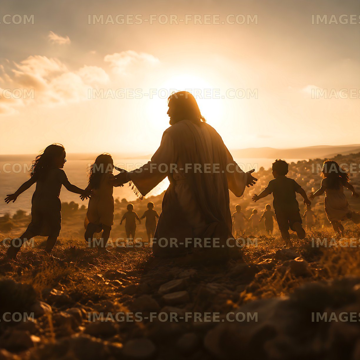 Children playing around a figure with sun in the background