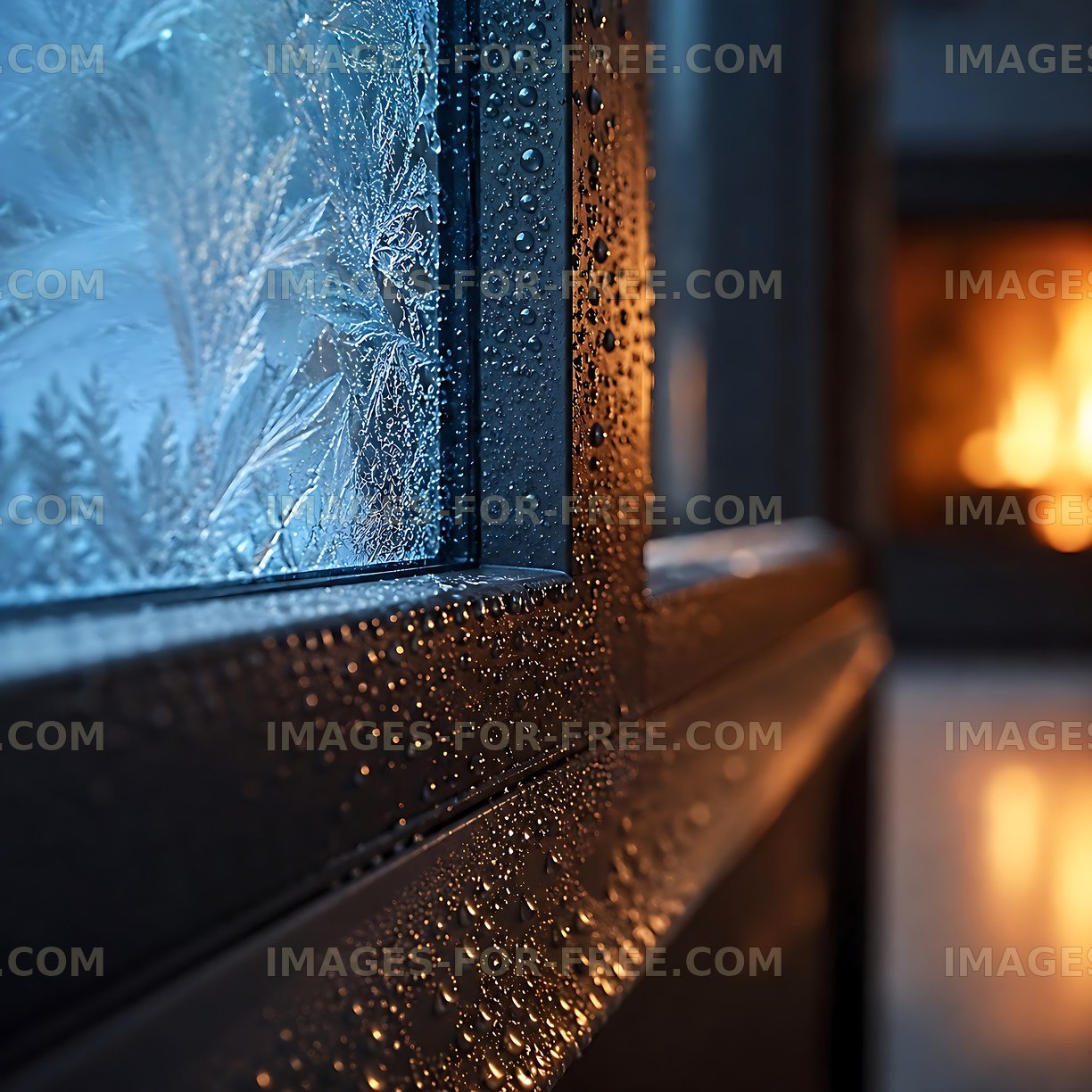 Cold window with frost and warm fire in the background