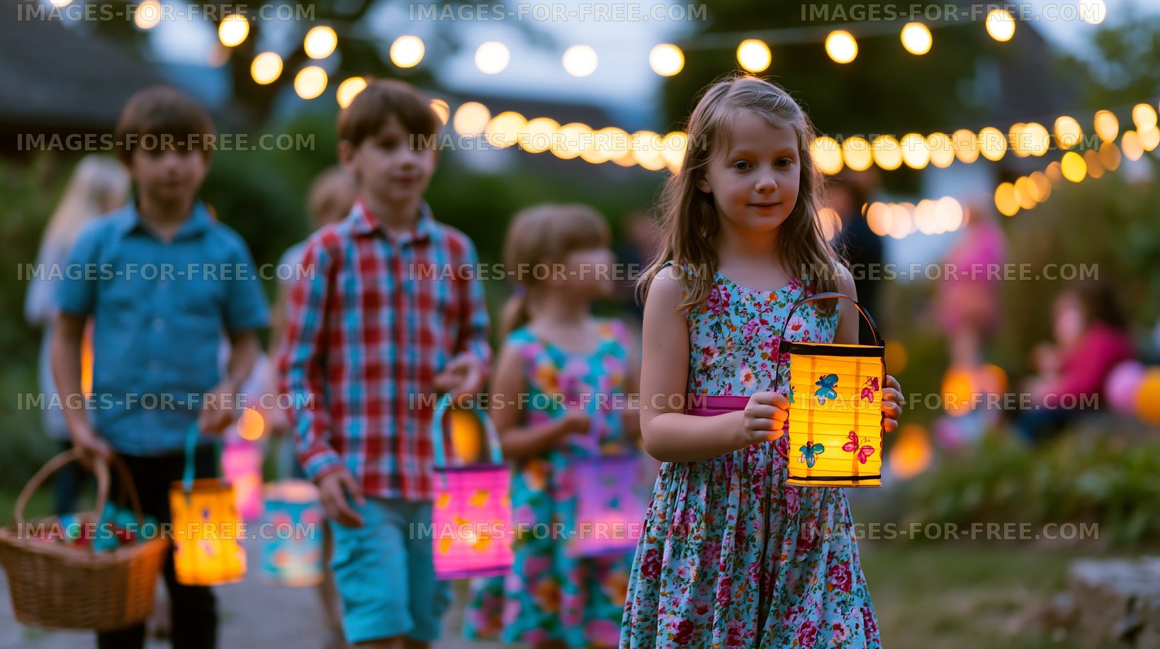 Children walk with lanterns during an outdoor summer evening event