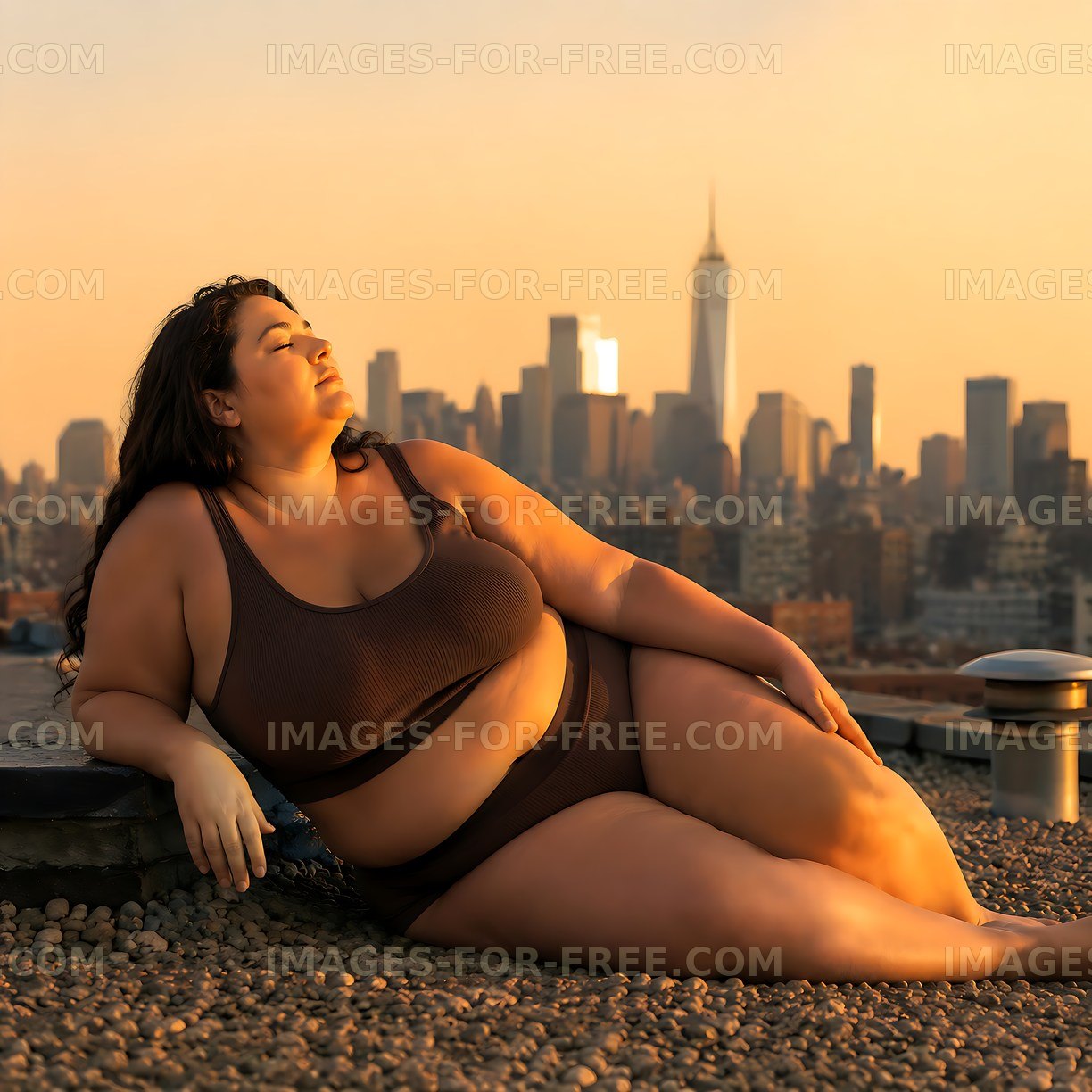Woman relaxing on rooftop with city skyline in sunset